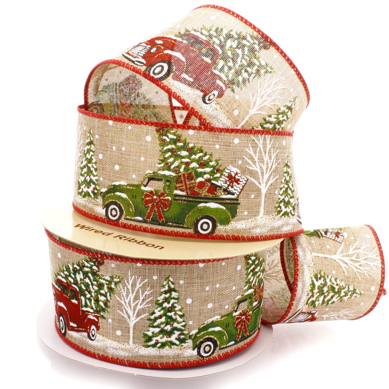 2 1/2" Wired Ribbon Christmas Red/Green Trucks on Burlap - 10 Yards